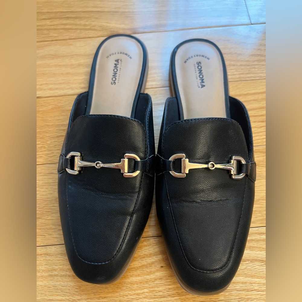 Black Mule Loafers Size 8 Slip On Faux Leather Gold Hardware
